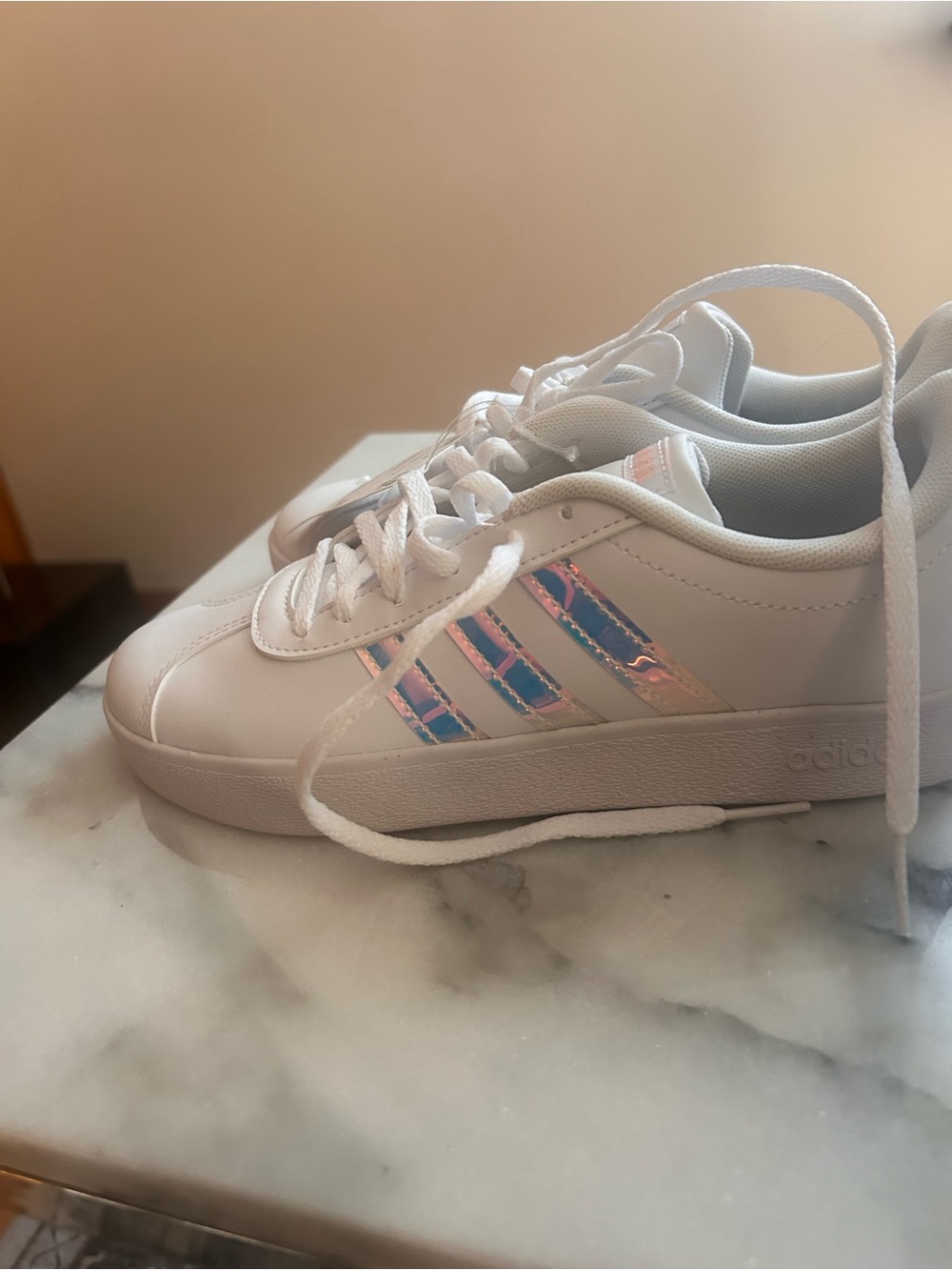 adidas Kids VL Court 2.0 White Sneakers with Iridescent Pink-Blue Stripes